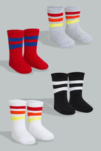 Load image into Gallery viewer, Redtag-Black-Grey-And-Red-Striped-Socks-(4-Pair)-Full-Length-Infant-Boys-3 to 24 Months
