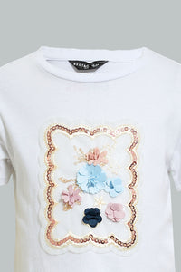 White Flower Embellished T-Shirt