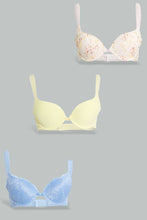 Load image into Gallery viewer, Redtag-Peach-Floral-Printed/Blue/Pale-Yellow-Plain-Plunge-Bra-(3-Pack)-Plunge-Bras-Women&#39;s-
