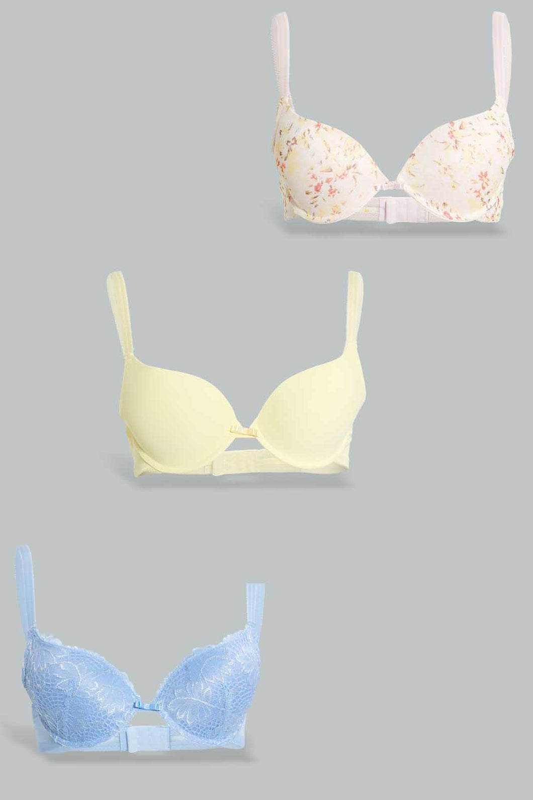 Redtag-Peach-Floral-Printed/Blue/Pale-Yellow-Plain-Plunge-Bra-(3-Pack)-Plunge-Bras-Women's-