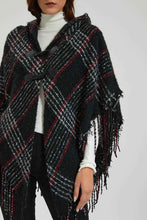 Load image into Gallery viewer, Redtag-Black-Red-Checks-Poncho-With-Fringes-Colour:Black,-EHW,-Filter:Women&#39;s-Clothing,-New-In,-New-In-Women,-Non-Sale,-Section:Women,-W21B,-Women-Cardigans-Women&#39;s-
