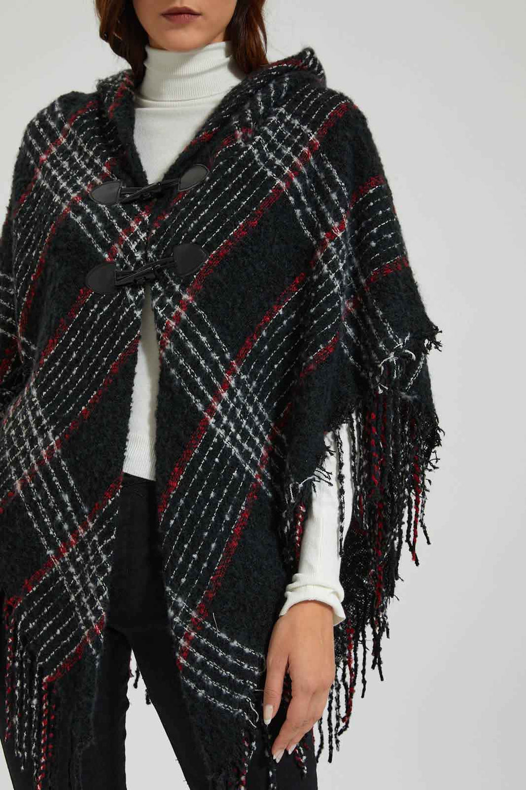 Redtag-Black-Red-Checks-Poncho-With-Fringes-Colour:Black,-EHW,-Filter:Women's-Clothing,-New-In,-New-In-Women,-Non-Sale,-Section:Women,-W21B,-Women-Cardigans-Women's-