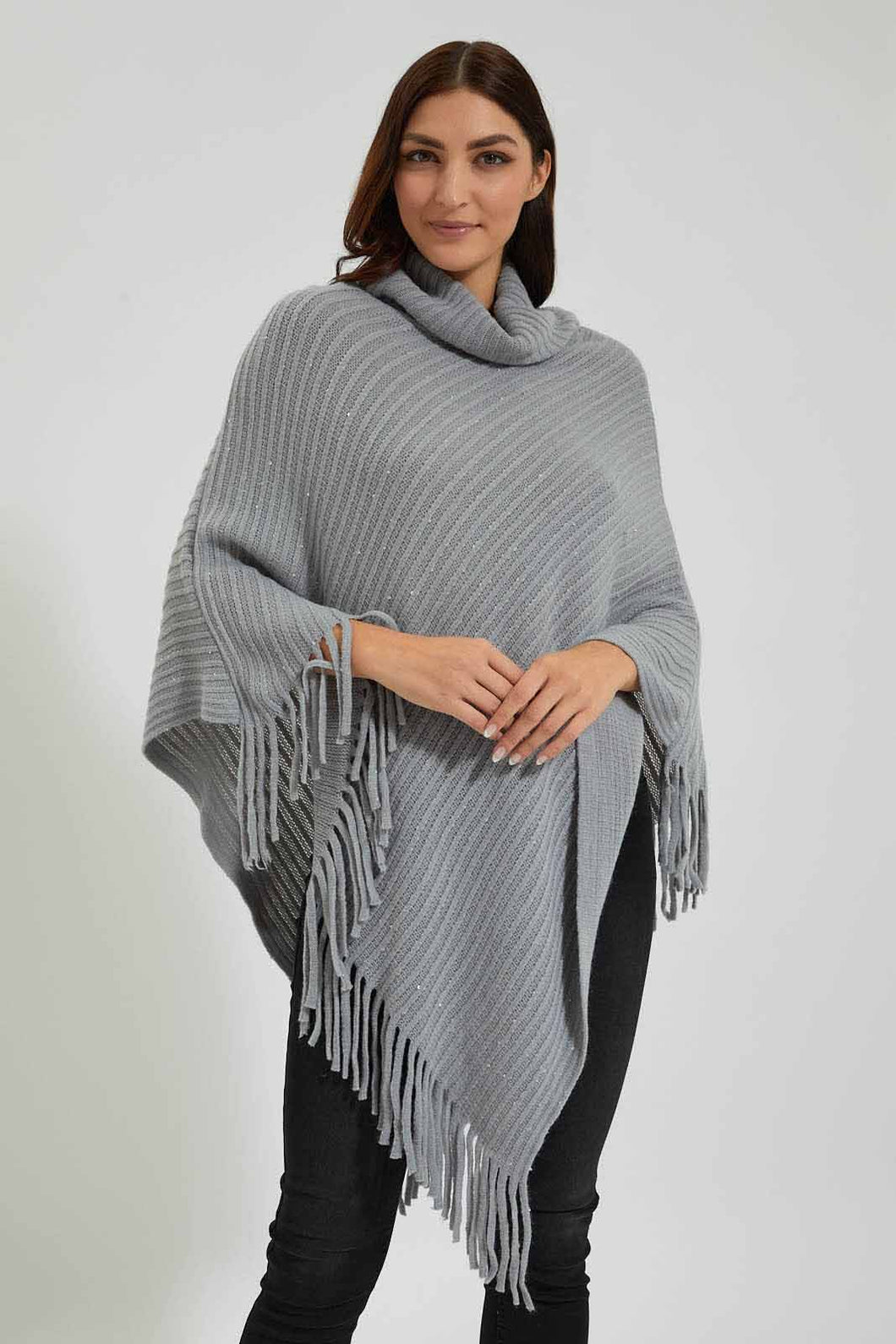 Redtag-Grey-Roll-Neck-Sequined-Poncho-Colour:Grey,-EHW,-Filter:Women's-Clothing,-New-In,-New-In-Women,-Non-Sale,-Section:Women,-W21B,-Women-Pullovers-Women's-