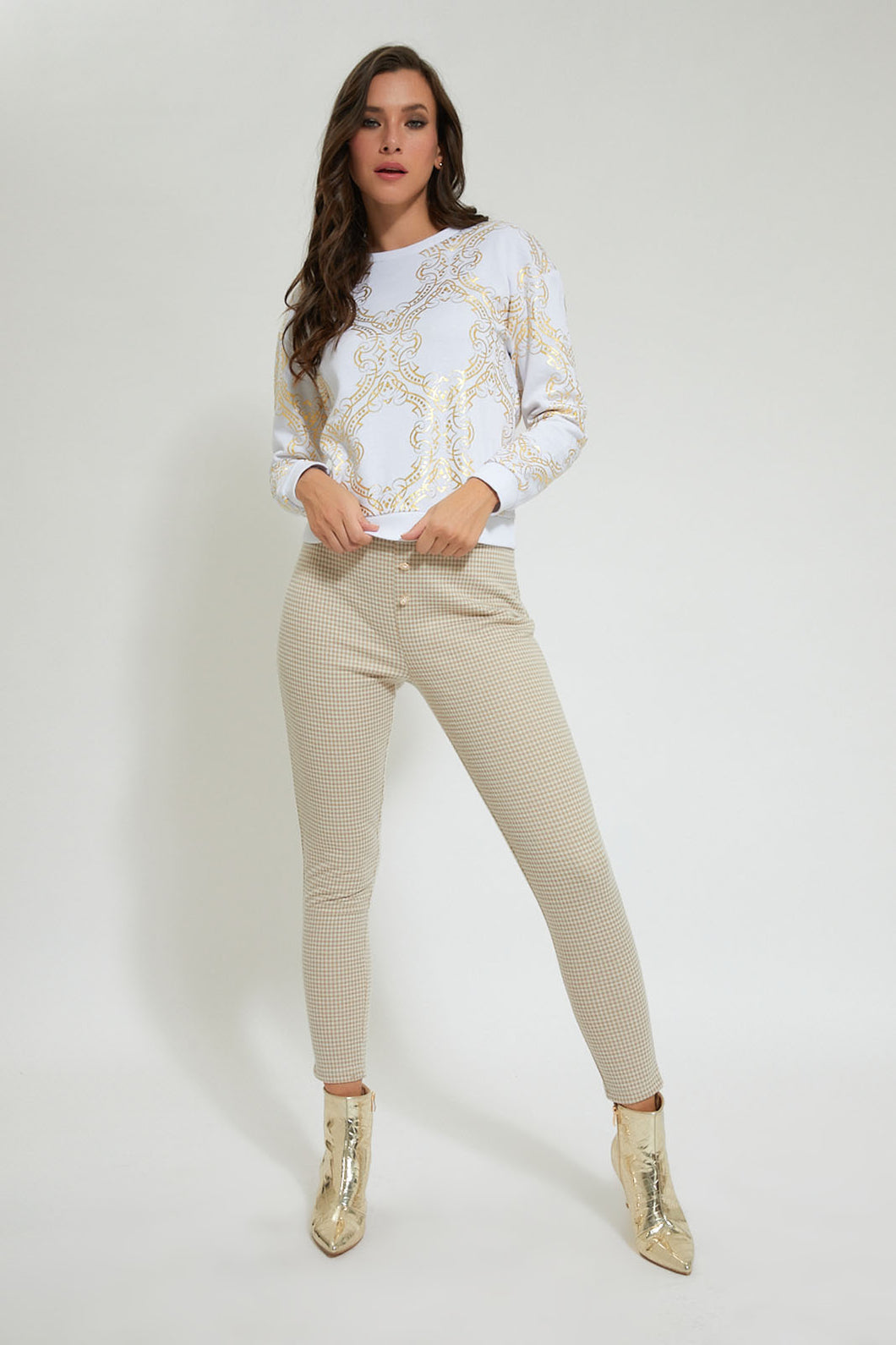Beige Checkered Trouser With Buttons