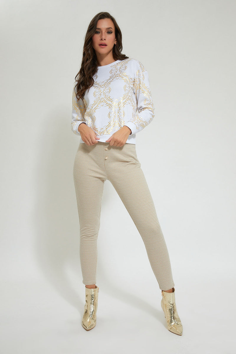 Beige Checkered Trouser With Buttons