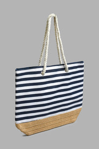 Redtag-Navy-Blue-And-White-Nautical-Stripe-Beach-Bag-Beach-Bags-Women-