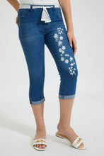 Load image into Gallery viewer, Blue Embroidered Capri With Belt
