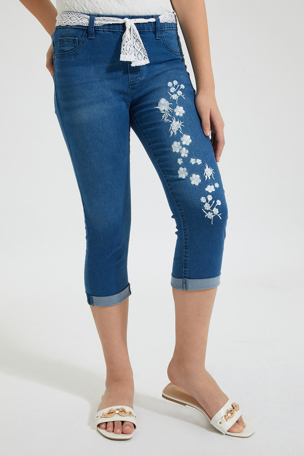 Blue Embroidered Capri With Belt