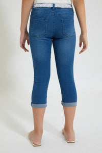 Blue Embroidered Capri With Belt