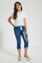Load image into Gallery viewer, Blue Embroidered Capri With Belt
