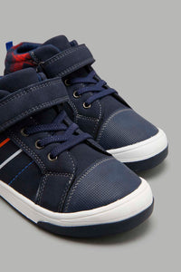 Redtag-Navy-Striped-High-Top-Boys-Trainers,-Character,-Colour:Navy,-Filter:Boys-Footwear-(3-to-5-Yrs),-New-In,-New-In-BOY-FOO,-Non-Sale,-W21B-Boys-3 to 5 Years