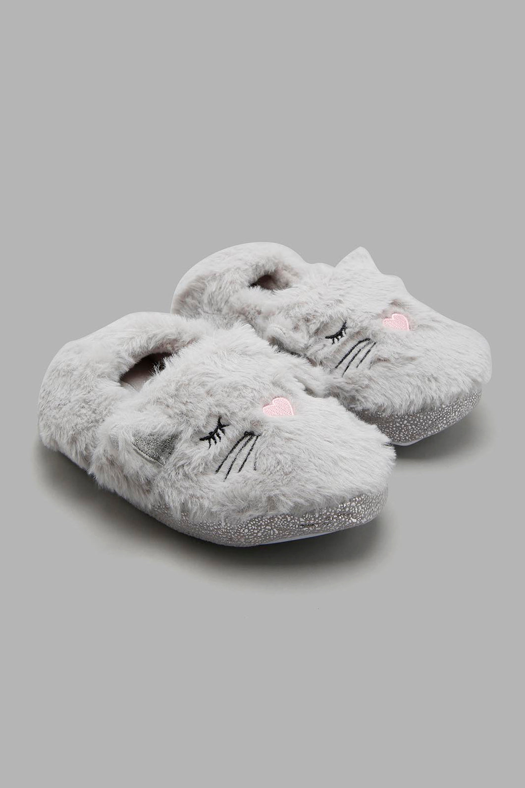 Redtag-Grey-Cat-Face-Slippers-Character,-Colour:Mid-Grey,-Filter:Girls-Footwear-(3-to-5-Yrs),-GIR-Slippers,-New-In,-New-In-GIR-FOO,-Non-Sale,-W21A-Girls-3 to 5 Years