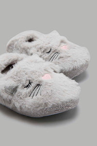 Redtag-Grey-Cat-Face-Slippers-Character,-Colour:Mid-Grey,-Filter:Girls-Footwear-(3-to-5-Yrs),-GIR-Slippers,-New-In,-New-In-GIR-FOO,-Non-Sale,-W21A-Girls-3 to 5 Years