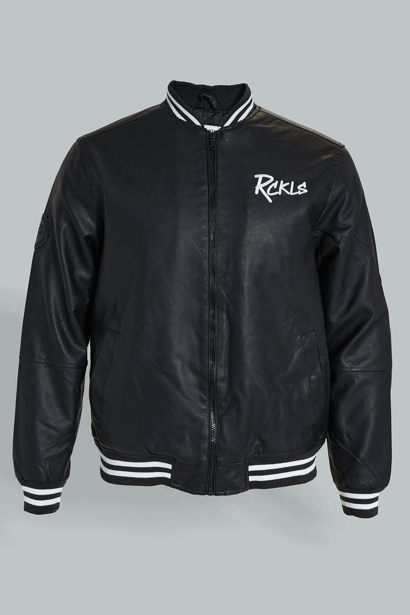 Redtag-Black-Bomber-Jacket-With-Signature-Logo-Jackets-Men's-