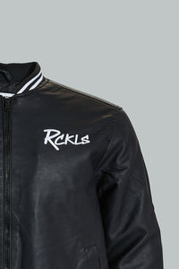 Redtag-Black-Bomber-Jacket-With-Signature-Logo-Jackets-Men's-