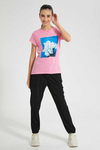 Redtag-Lt-Pink-Graphic-T-Shirt-Cropped-Tops-Senior-Girls-9 to 14 Years