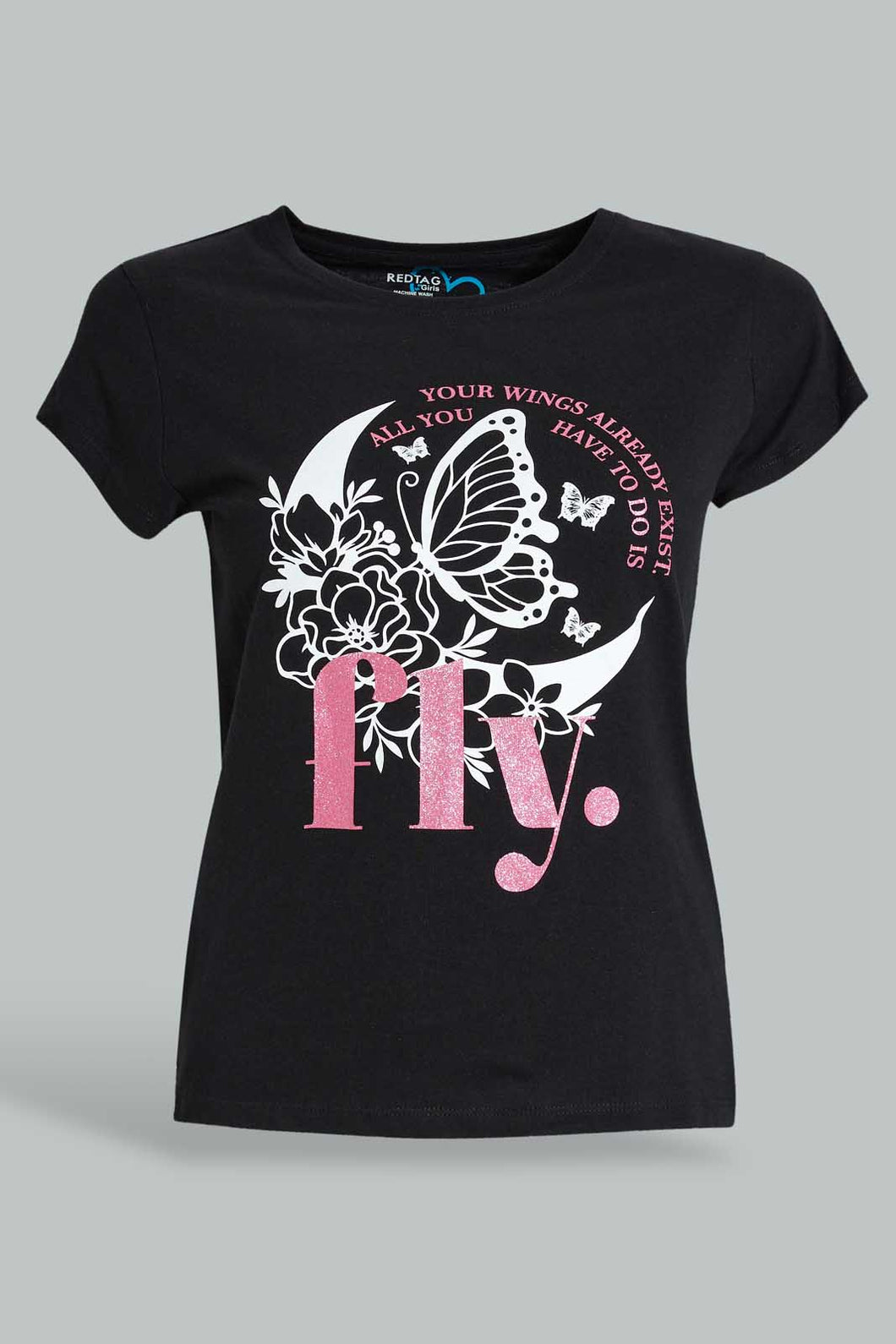 Redtag-Black-Graphic-T-Shirt-Cropped-Tops-Senior-Girls-9 to 14 Years