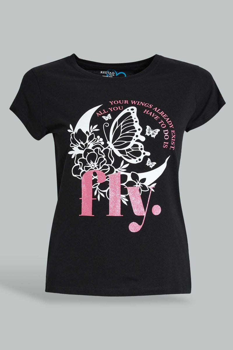 Redtag-Black-Graphic-T-Shirt-Cropped-Tops-Senior-Girls-9 to 14 Years