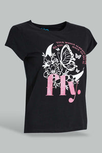 Redtag-Black-Graphic-T-Shirt-Cropped-Tops-Senior-Girls-9 to 14 Years