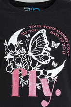 تنزيل الصورة على معرض الصور، Redtag-Black-Graphic-T-Shirt-Cropped-Tops-Senior-Girls-9 to 14 Years
