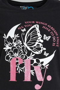 Redtag-Black-Graphic-T-Shirt-Cropped-Tops-Senior-Girls-9 to 14 Years
