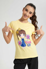 تنزيل الصورة على معرض الصور، Redtag-Yellow-Graphic-T-Shirt-Cropped-Tops-Senior-Girls-9 to 14 Years
