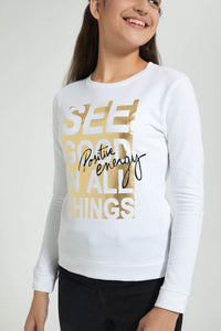 Redtag-White-Slogan-Foll-Print-Basic-Sweatshirt-Sweatshirts-Senior-Girls-9 to 14 Years