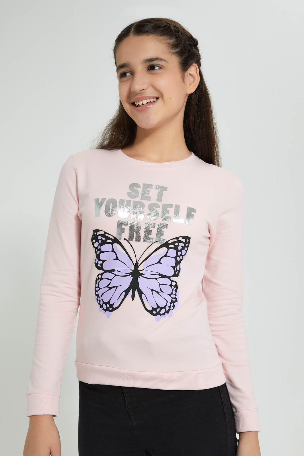 Redtag-Pink-Slogan-Foll-Print-Basic-Sweatshirt-Sweatshirts-Senior-Girls-9 to 14 Years