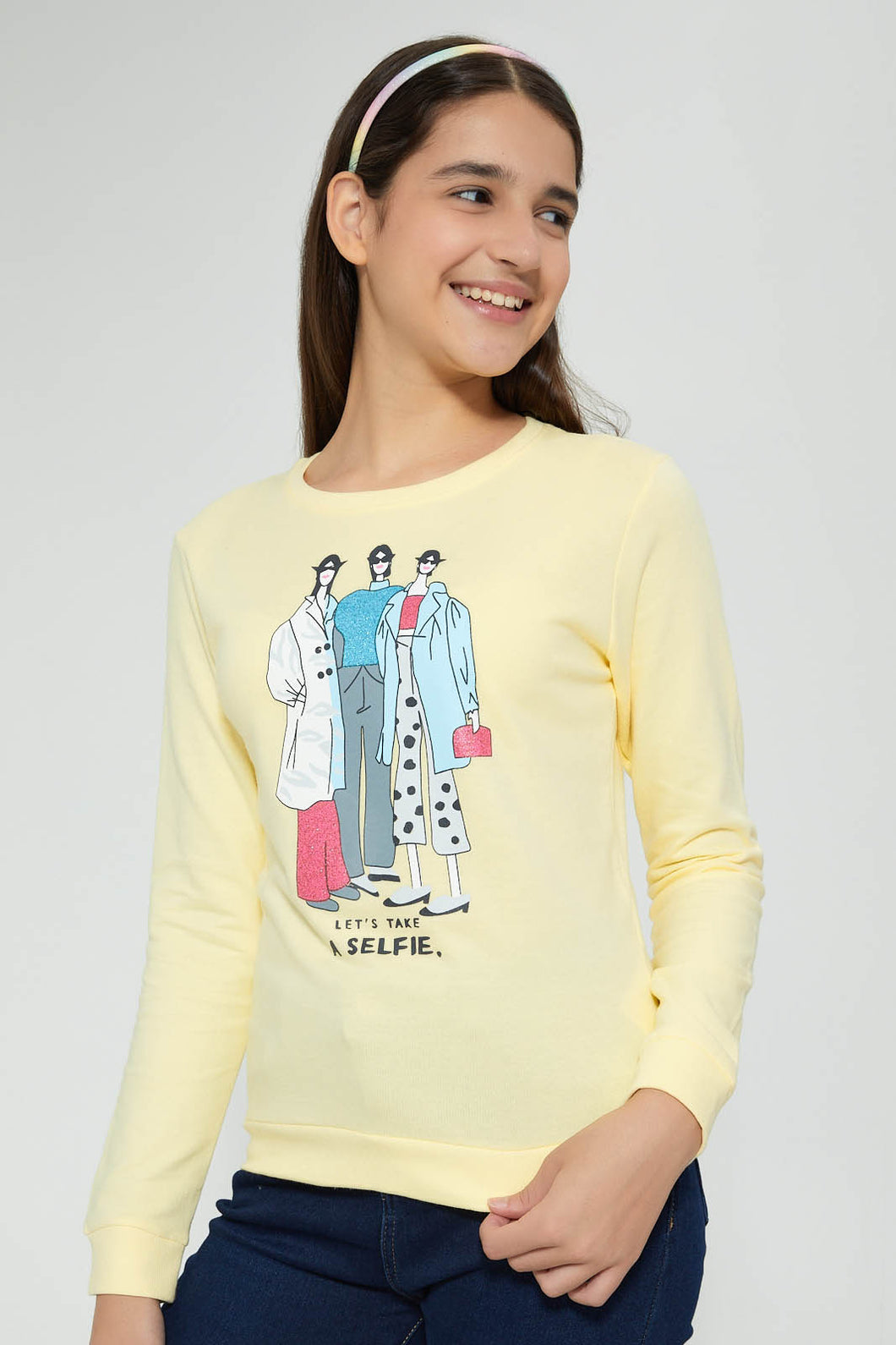 Redtag-Yellow-Girly-Print-Basic-Sweatshirt-Sweatshirts-Senior-Girls-9 to 14 Years