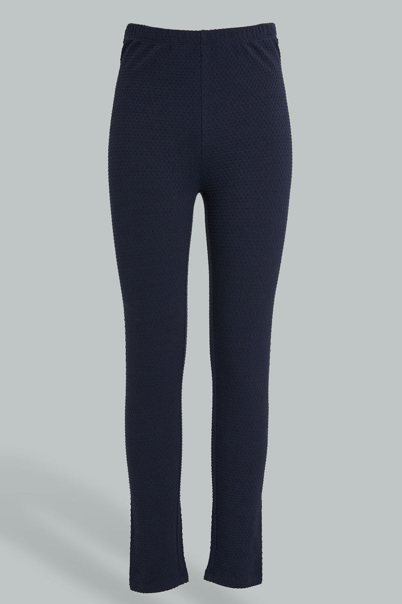 Redtag-Navy-Jacquard-Legging-Leggings-Senior-Girls-9 to 14 Years