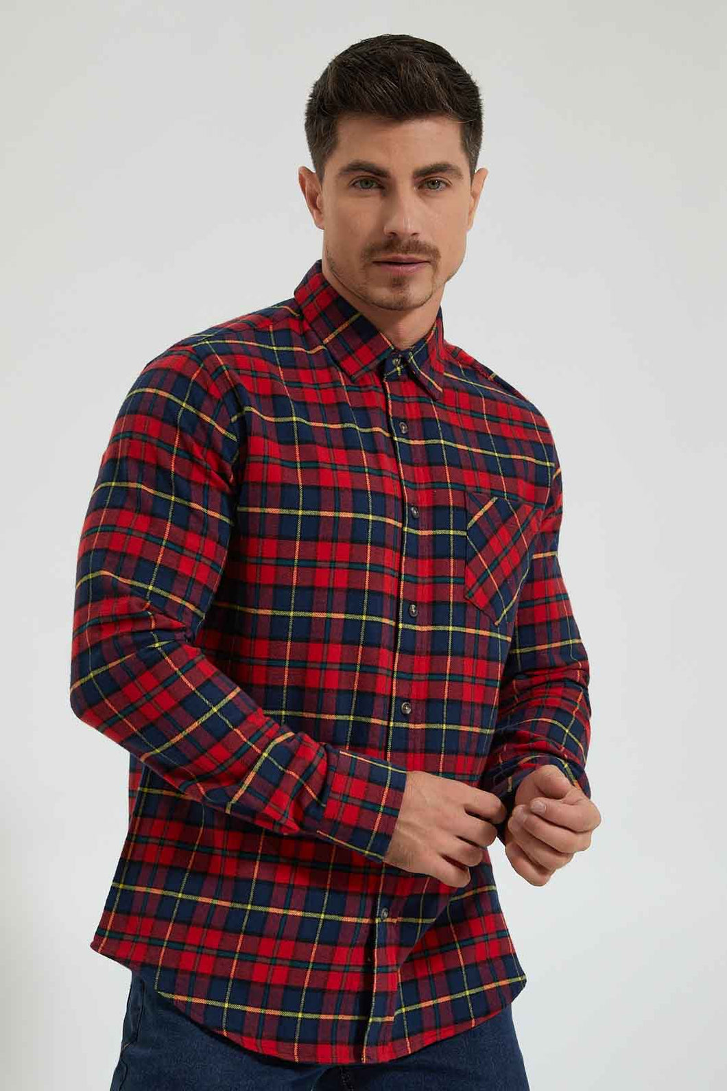 Redtag-Red/Green-Check-Shirt-Colour:Red,-Filter:Men's-Clothing,-Men-Shirts,-New-In,-New-In-Men,-Non-Sale,-Section:Men,-TBL,-W21B-Men's-