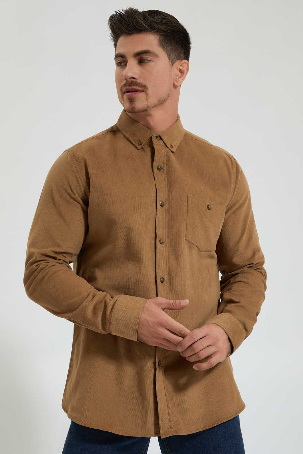 Redtag-Brown-Corduroy-Shirt-Colour:Brown,-Filter:Men's-Clothing,-Men-Shirts,-New-In,-New-In-Men,-Non-Sale,-Section:Men,-W21B-Men's-