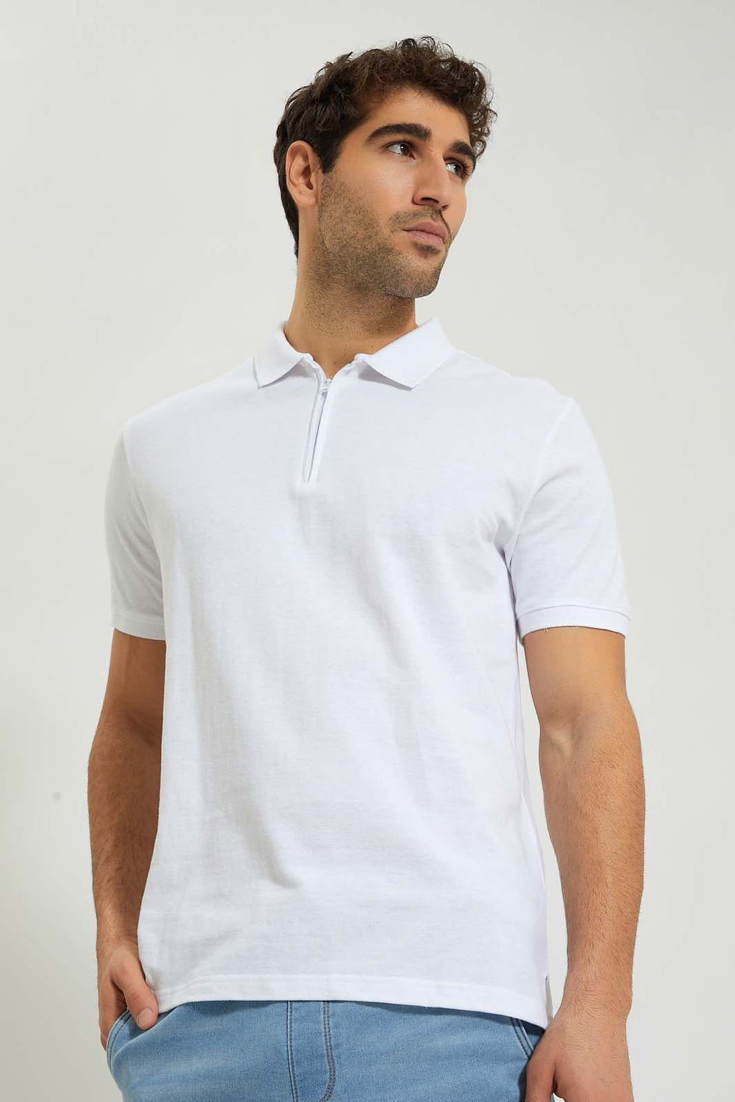 Redtag-White-Zip-Placket-Polo-Shirt-Polo-Shirts-Men's-