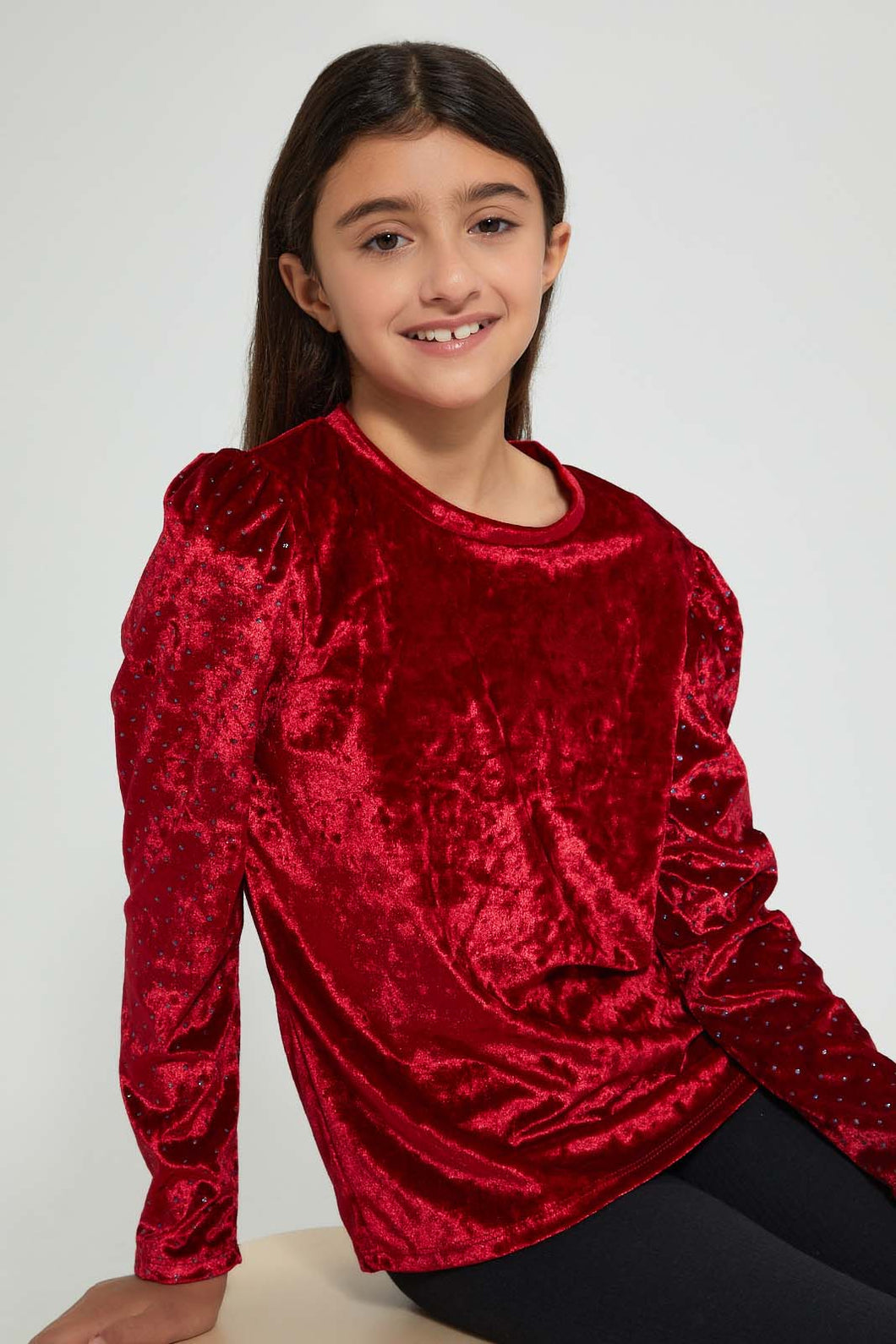 Redtag-Red-Velvet-Top-With-Lurex-Sleeve-Blouses-Senior-Girls-9 to 14 Years