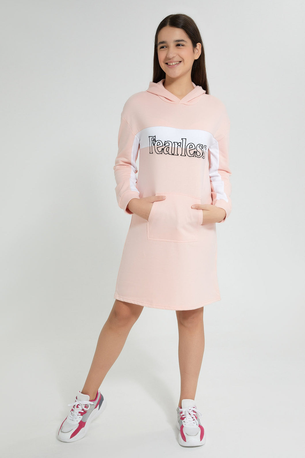 Redtag-Pink/White-Colorblocking-Hooded-Dress-Dresses-Senior-Girls-9 to 14 Years