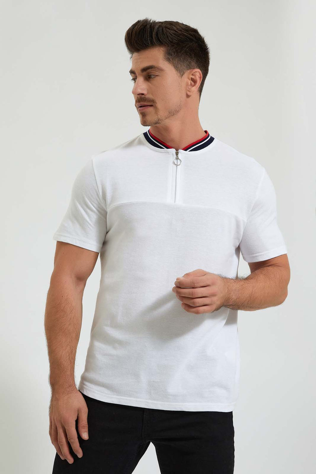 Redtag-White-Zip-Placket-Henley-Colour:White,-Filter:Men's-Clothing,-Men-T-Shirts,-New-In,-New-In-Men,-Non-Sale,-Section:Men,-W21A-Men's-