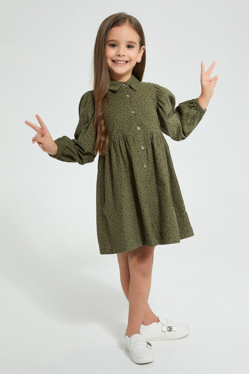 Redtag-Olive-Polka-Dot-Dress-Dresses-Girls-2 to 8 Years