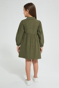Redtag-Olive-Polka-Dot-Dress-Dresses-Girls-2 to 8 Years