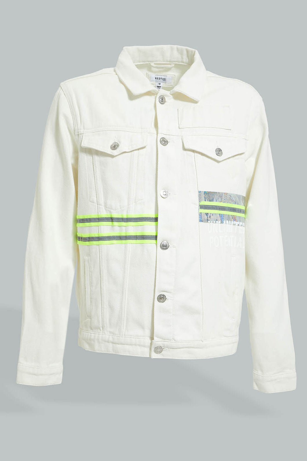 Redtag-White-Denim-Jacket-With-Reflective-Tape-Colour:White,-Filter:Men's-Clothing,-Men-Jackets,-New-In,-New-In-Men,-Non-Sale,-Section:Men,-W21B-Men's-