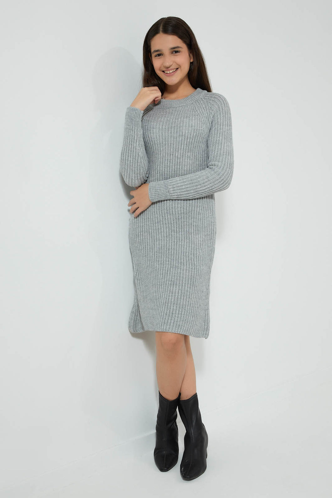 Redtag-Mid-Grey-Highneck-Sweater-Dress-Dresses-Senior-Girls-9 to 14 Years