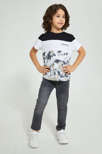 Redtag-Black/White-Panelled-Splat-Print-T-Shirt-Cut-And-Sewn-Boys-2 to 8 Years