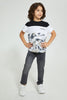 Redtag-Black/White-Panelled-Splat-Print-T-Shirt-Cut-And-Sewn-Boys-2 to 8 Years