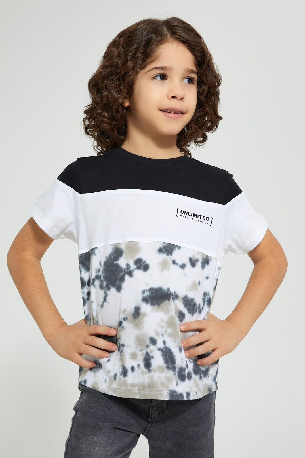 Redtag-Black/White-Panelled-Splat-Print-T-Shirt-Cut-And-Sewn-Boys-2 to 8 Years