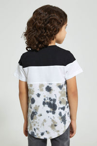 Redtag-Black/White-Panelled-Splat-Print-T-Shirt-Cut-And-Sewn-Boys-2 to 8 Years