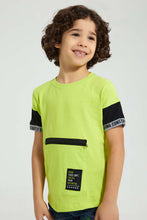 Load image into Gallery viewer, Redtag-Lime-Green-T-Shirt-With-Zipper-Pocket-All-Over-Prints-Boys-2 to 8 Years
