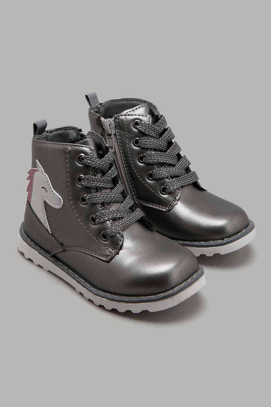 Redtag-Grey-Unicorn-High-Top-Boot-Character,-Colour:Mid-Grey,-Filter:Girls-Footwear-(1-to-3-Yrs),-ING-Boots,-New-In,-New-In-ING-FOO,-Non-Sale,-W21B-Infant-Girls-1 to 3 Years