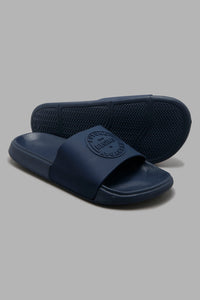 Redtag-Navy-Embossed-Slide-Sliders-Men's-