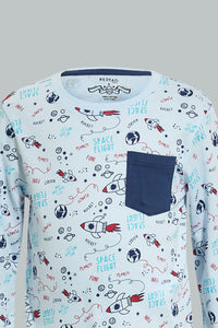 Blue Printed Long Sleeve T-shirt