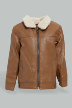 Load image into Gallery viewer, Redtag-Brown-Sherpa-Lining-And-Collar-Pu-Jacket-Jackets-Infant-Boys-3 to 24 Months
