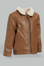 Load image into Gallery viewer, Redtag-Brown-Sherpa-Lining-And-Collar-Pu-Jacket-Jackets-Infant-Boys-3 to 24 Months
